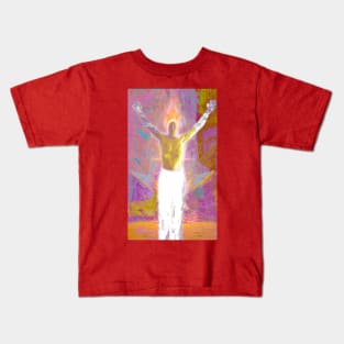 Portrait, digital collage and special processing. Shirtless man, stands. All chakras opened. Mystic. Bright, colorful. Kids T-Shirt